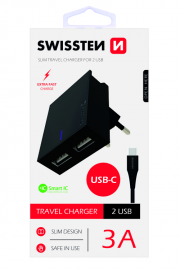 SW SÍŤOVÝ ADAPTÉR SMART IC ČERNÝ, CE 2x USB 3 A + DATOVÝ KABEL SW USB / TYPE C 1,2 M