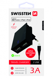 SW SÍŤOVÝ ADAPTÉR SMART IC ČERNÝ, CE 2x USB 3 A+ DATOVÝ KABEL SW USB / LIGHTNING MFi 1,2 M